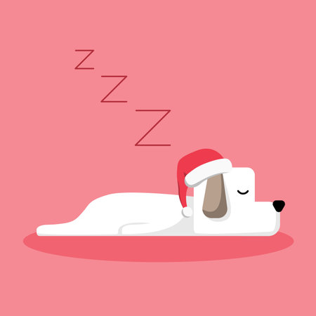 White Sleeping Dog with Santa Hat Cartoon Vector, for design, banner, logoのイラスト素材
