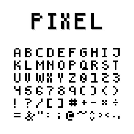 Pixel art, 8-bit style font. Capital Letters with Symbols. Vector for design.のイラスト素材