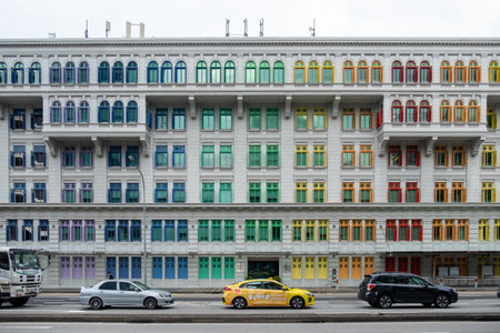 Singapore - 21 October 2022: The road in front of the Old Hill Street Police Station with colorful rainbow window near Clarke Quay, Singapore.のeditorial素材