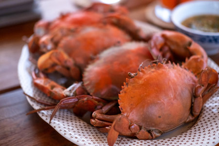 Cooked crab served on plateの写真素材