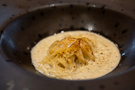 Burnt truffle spaghetti served on plateの写真素材