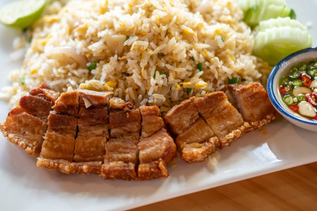 Fried rice with crispy pork served on plateの写真素材