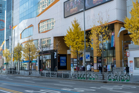 Seoul, South Korea - 26 November 2019: Building along the street in Seoul with colorful autumn trees