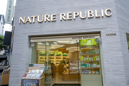Seoul, South Korea - 4 September 2023: Exterior view shopfront of Nature Republic in Myeongdong street. It is a Korea-based brand known for skin care productsのeditorial素材