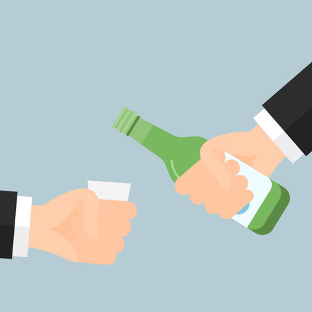 Flat icon of a hand pouring Soju for a friend. Soju is a famous clear, colorless distilled beverage of Korean originのイラスト素材