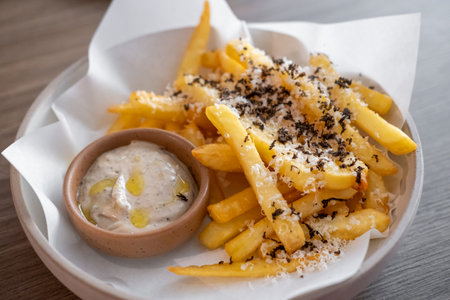 Close up of French Fries with cheese and black truffle sauceの写真素材