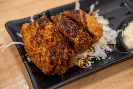 Tonkatsu, Fried Pork with sliced cabbage served on plateの写真素材