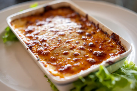 Lasagna served in a bowl, with vegetable on plate