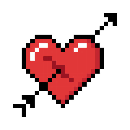Red Heart with arrow shot through it, Icon. Represent relationship, romance, and love For Valentine's Day. Pixel 8 bit styleのイラスト素材