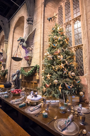 London, England - 18 November 2017: Christmas Decoration in the Great Hall of Hogwarts in Warner Brothers Studio tour, The making of Harry Potter at Leavesden Studio in London.のeditorial素材