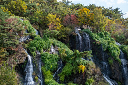 Close-up of waterfall with autumn foliageの写真素材