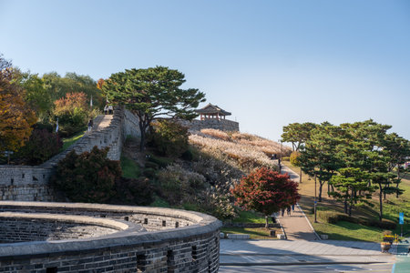Suwon, South Korea - 29 October 2023: Suwon Hwaseong Fortress Wall, with the park view during autumn. The wall is surrounding the center of Suwon, the provincial capital of Gyeonggi-do, in South Koreaのeditorial素材