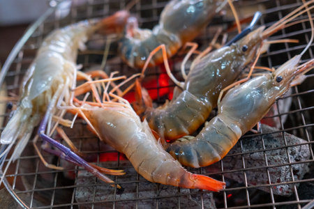 Raw shrimp on the grillの写真素材