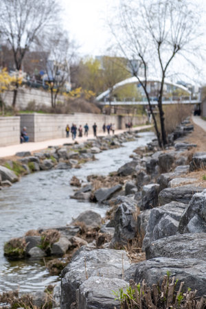 Cheonggyecheon stream, a modern public space in Seoul, South Korea, in beginning of spring. It...
