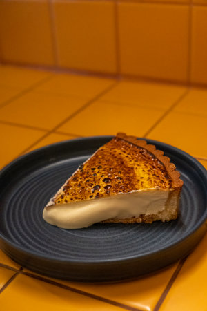 Burnt cheesecake, contains cream and blue cheese with almond sable served on plateの写真素材
