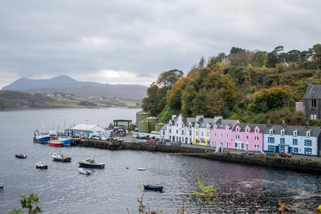 Portree, United Kingdom - 21 October 2017: View of the colorful building at Portree Harbor, the...