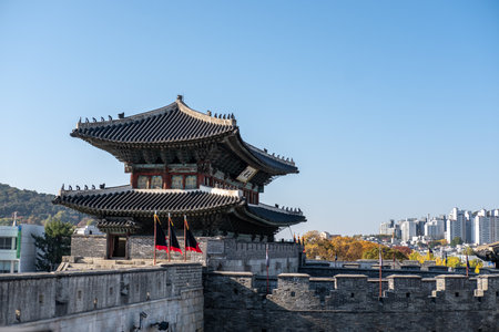 Suwon, South Korea - 29 October 2023: Suwon Hwaseong Fortress Wall, with the park view during autumn. The wall is surrounding the center of Suwon, the provincial capital of Gyeonggi-do, in South Koreaのeditorial素材