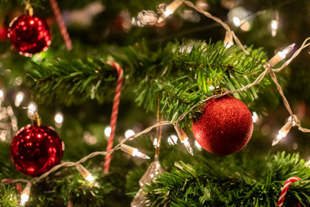 Closeup of Christmas tree decoration ornament with blur bokeh backgroundの写真素材