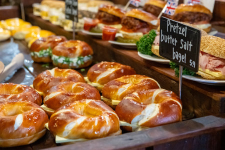 Various types of bagel in the restaurantの写真素材
