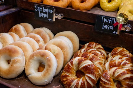 Various types of bagel in the restaurant
