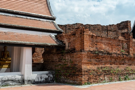 Brick base foundation and pavilion in Wat Phutthaisawan. A historic Thai Buddhist temple in Phra Nakhon Si Ayutthaya Province, Thailand. It is a part of Ayutthaya Historical Parkの写真素材