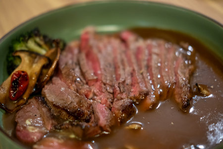 Thai Wagyu Sirloin Steak with mushroom sauceの写真素材
