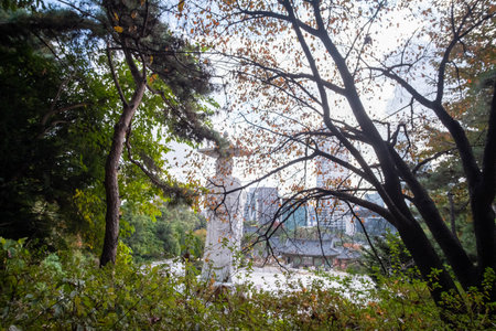 The back of Mireuk Daebul statue of the bodhisattva Maitreya at Bongeunsa Temple, a Buddhist temple in Seoul. With autumn leaves on foreground. It is the tallest stone statue in Korea.の写真素材