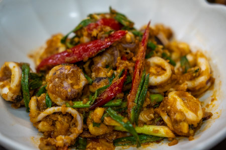 Stir Fried Squid with Curry Powder served on Plate
