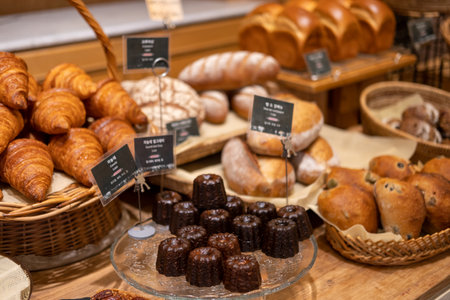 Various types of bakery in the restaurant, such as croissant.の写真素材