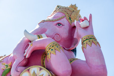 Gigantic Pink Ganesha statue. In Ganeshaâs hands, he holds a broken tusk in one hand and a lotus flowe. Wat Saman Rattanaram, Chachoengsao , Thailandの写真素材