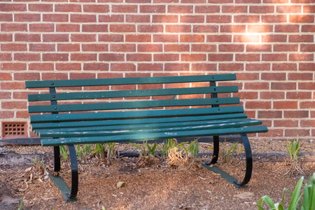 A green bench in the public park with brick wall on the background