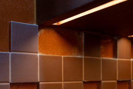 Red ceramic wall tiles with integrated linear lighting under the cabinet.の写真素材