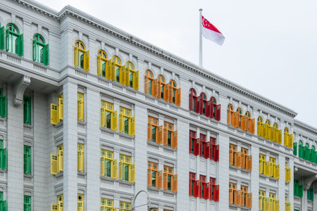 Colorful rainbow window of the Old Hill Street Police Station near Clarke Quay, Singapore.の写真素材