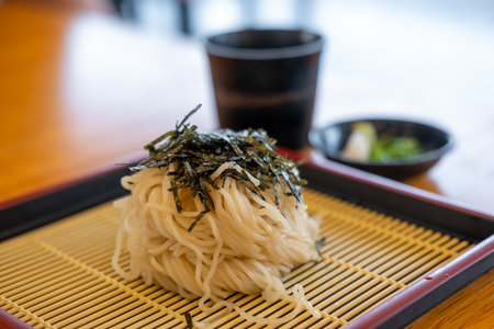 Zaru soba, a traditional chilled cold soba noodle dish served with soy sauce based dipping sauce called Tsuyuの写真素材