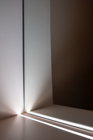 Integrated linear lighting on the cabinet, in front of the mirrorの写真素材