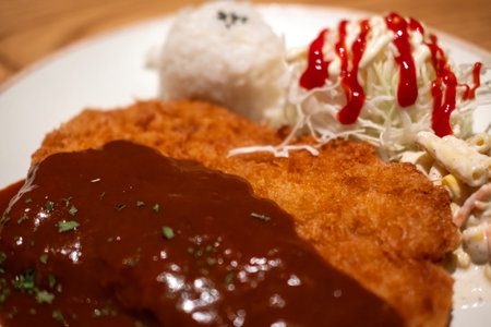 Tonkatsu, Fried Pork Loin Cutlet serve on plate with rice and cabbageの写真素材