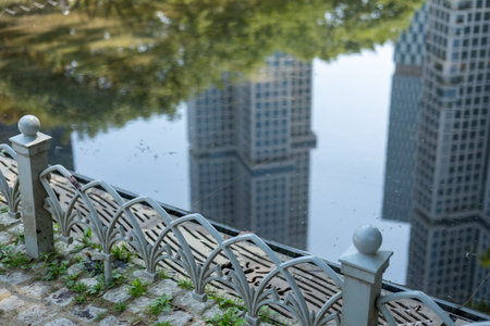 Mirror Lake, the Reflecting pond, Walking path with tree along the way. Seoul Forest in Seoul, South Korea.の写真素材