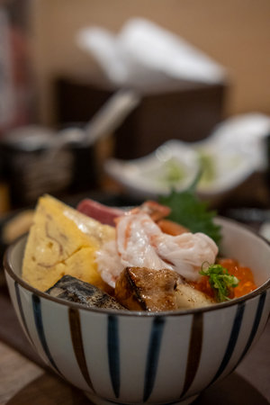 Kaisen Don, a Japanese rice bowl dish of seafood. Including raw fish such as Salmon, Saba, Engawa,...