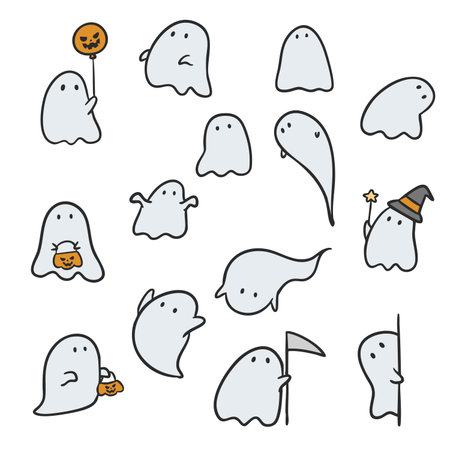 Set of Cute ghost doodle hand drawing, Vector for Halloweenのイラスト素材