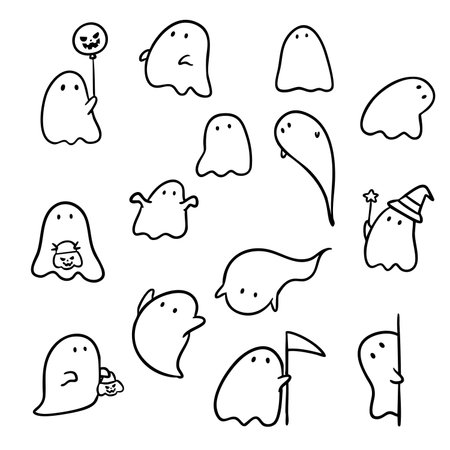 Set of Cute ghost doodle hand drawing, Vector for Halloweenのイラスト素材