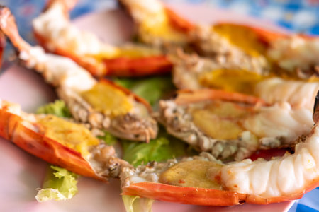 Grilled river prawns served on plateの写真素材