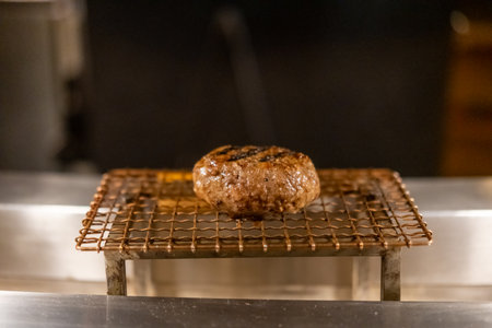 Grilled Hamburg, a patty of ground beef, on the grill