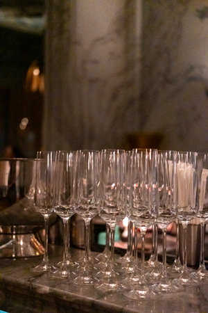 Drinking glasses prepared on the counter bar