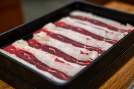 A close-up shot of sliced raw meat, arranged on a plate, ready to be cooked in a hot potの写真素材