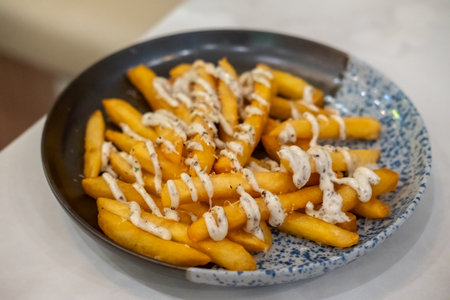 Close up of French Fries with cheese and black truffle mayo sauce on plateの写真素材