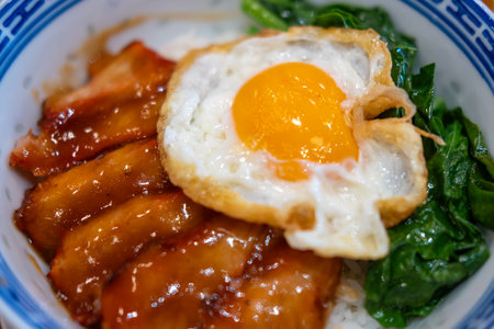 Barbecued red pork in sauce with rice, and fried egg on the top.の写真素材