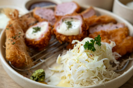 Sous vide pork katsu. Tonkatsu including loin, cheese katsu, and fried shrimp. Fried Pork serve on plate in restaurantの写真素材