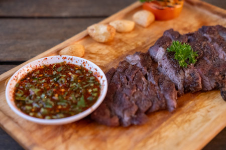 Medium rare meat steak served on plateの写真素材