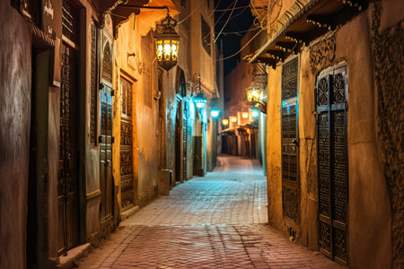 Deserted alleyway in an old city in Middle East illuminated by the soft glow of Arabic lightsの素材