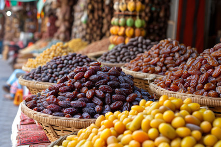 Dates displayed in baskets on a traditional marketの素材
